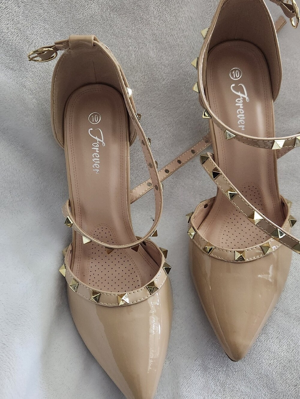 Forever 21 Nude Patent Pointed Toe Studded Ankle-Strap Heels
